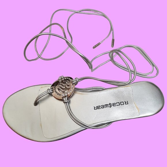 Y2K 2000s Rocawear Silver Rhinestone Sandals Flat Thong With Ties Womens US 9 - Picture 6 of 9